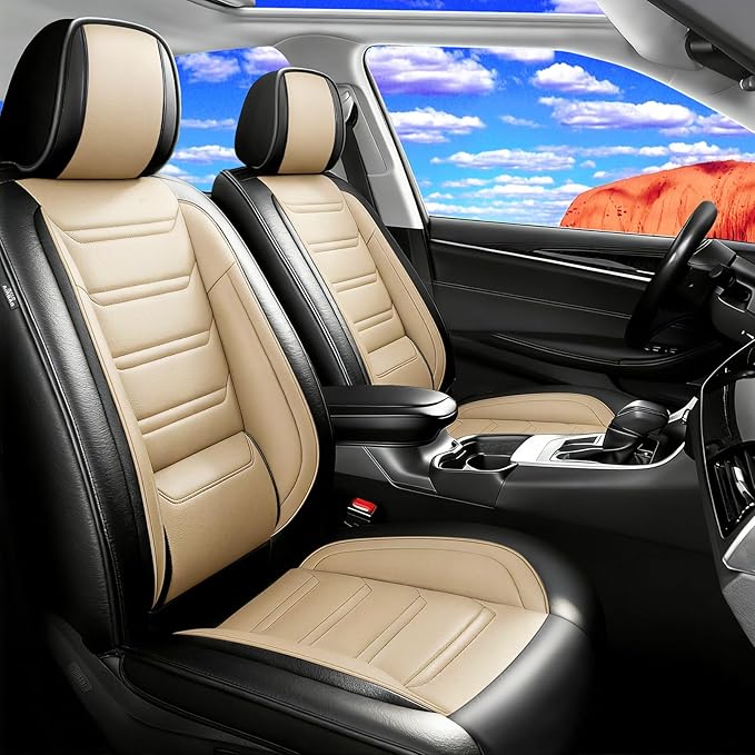 Fit Equinox Car Seat Covers for Chevrolet/Chevy Equinox 2007-2026, Premium Full Coverage Leather, Airbag Compatible, Waterproof All Weather Seat Cushion Protector, Front Pair Black+Beige