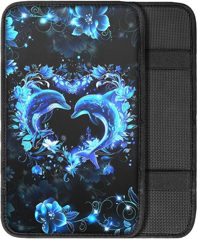 Heart Dolphin Car Armrest Cover Pad for Women Girls Non Slip Decorative Center Console Cushion Dustproof Car Armrest Box Protector Cover Breathable Softs