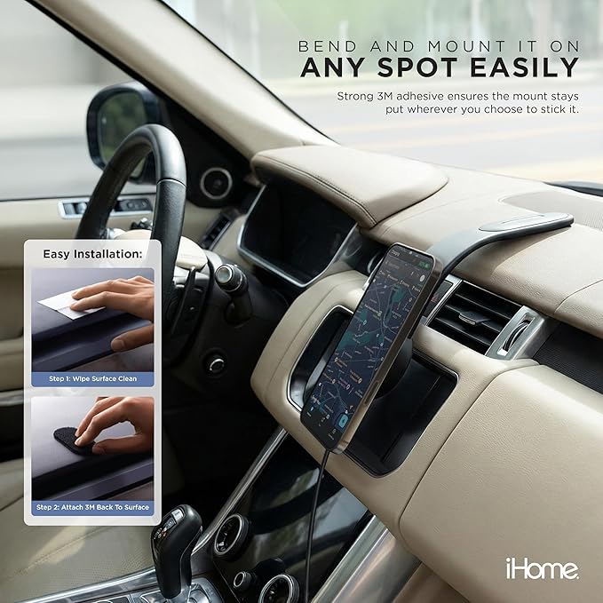iHome Car Mount, Dashboard/Windshield/Vent Mount, Swivel Neck, Silicone Grip, Adjustable Mount Arm with Suction Cup Base (Magnetic Car Mount 15W)