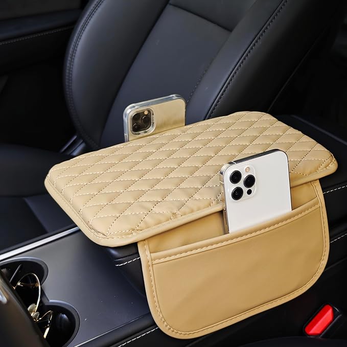 Car Center Console Cover,Microfiber Leather Car Armrest Cover Cushion with Storage Bags, Universal Car Armrest Storage Box Car Interior Accessories for Most Vehicles, Beige