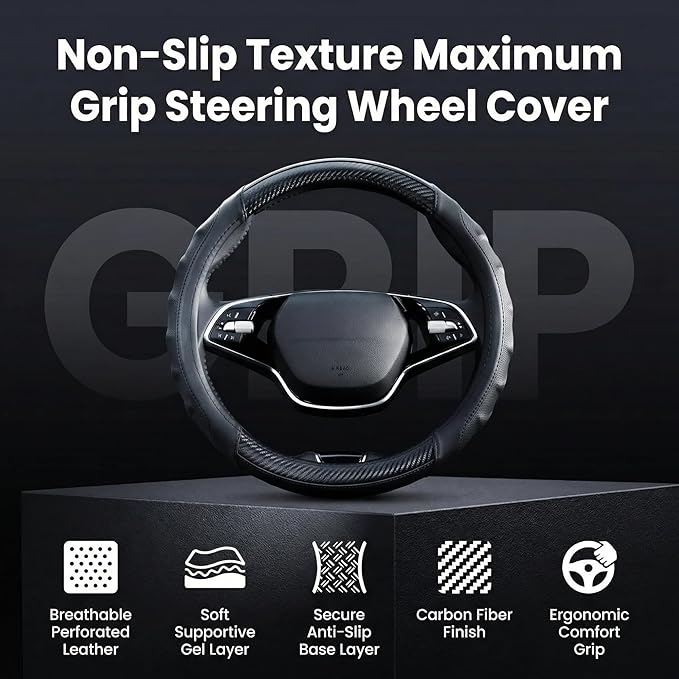 Carbon Fiber Steering Wheel Cover – 15 Inch Universal Fit for Cars & SUVs – Anti-Slip Grip, Breathable Leather Texture, Sporty Carbon Fiber Look – Premium Car Interior Accessories – Black