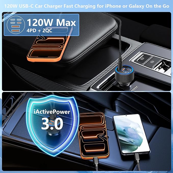 [Apple MFi Certified] iPhone 17 Car Charger, Rombica 6-Port 120W USB-C&USB-A Power Cigarette Lighter PD/QC Multiport Fast Car Charger + Type-C Braided Cord for iPhone 17 Pro/16/15/Galaxy S26/S25/Pixel