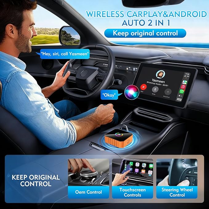 Wireless CarPlay Adapter, 2-in-1 Mini CarPlay & Android Auto Wireless Adapter, Plug & Play, Auto Connect, Car Accessories, Car Play Dongle Compatible with iPhone & Android