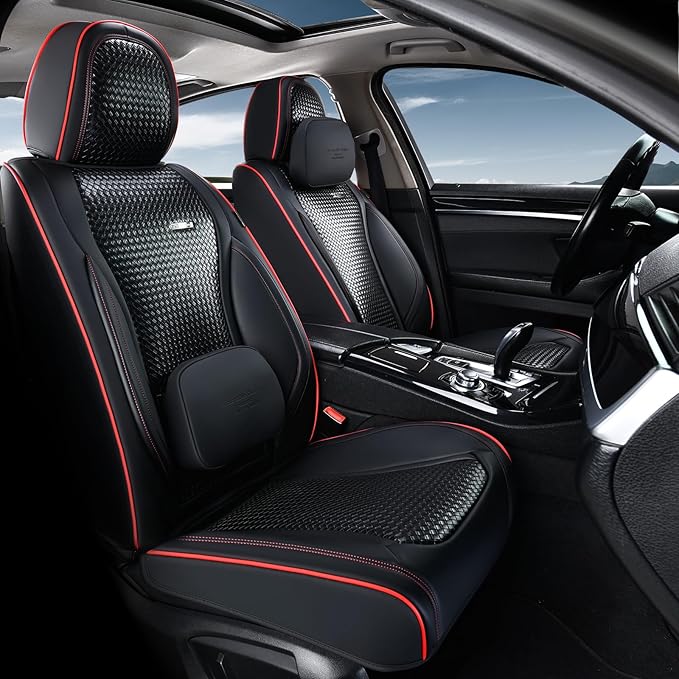 Coverado Seat Covers, Car Seat Covers Front Seats, Waterproof Nappa Leather Auto Seat Cover with Lumbar Head Pillow, Black Redline Seat Covers Carseat Cover Universal Fit for Most Cars