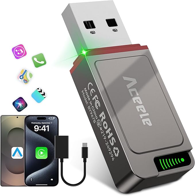 Aceele 2-in-1 Wireless CarPlay & Android Auto Adapter, 2025 Upgrade Apple CarPlay Dongle Converts Wired to Wireless, Mini Size with USB to USB-C Adapter, Auto-Reconnect‌, Stable Control & No Delay