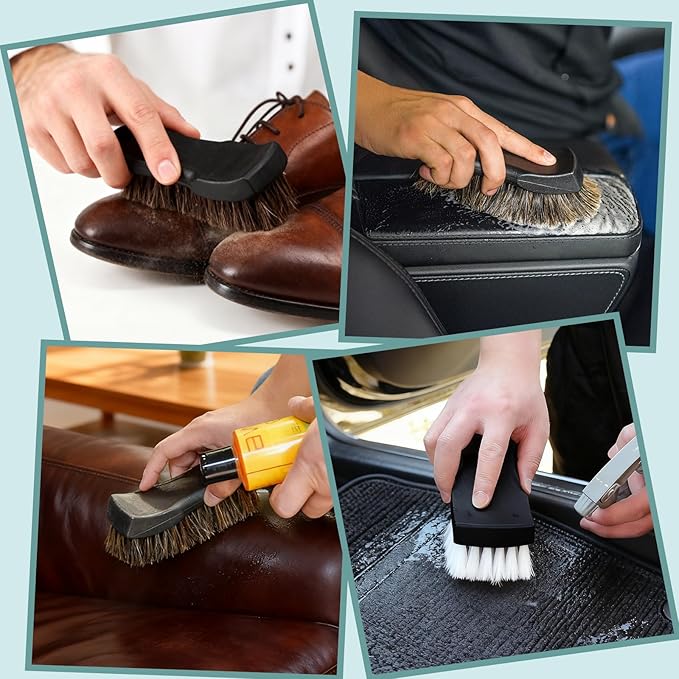 Upholstery Brush Set, Horse Brush Set, Convertible Top Brush, Cleaning Brush for Leather,Carpet, Car and Long Bristle Horse Hair Car Cleaning Brush for Car Interior Leather Seat and Home Furniture