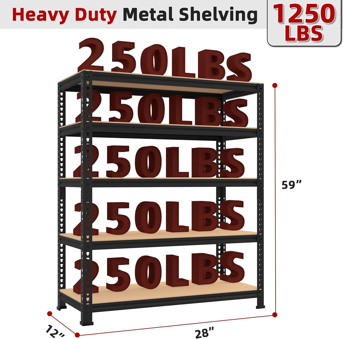 5-Shelf Heavy Duty Shelving - Adjustable Garage Storage Shelves, Metal Utility Storage Racks for Warehouse Pantry Basement Kitchen, Garage Organizers Shef Unit, Black, Packs of 4