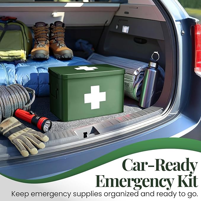 Flexzion First Aid Box Organizer Empty 13" Green Vintage First Aid Kit Tin Metal Medical Box - First Aid Storage Box Container Bins with Dividers, Removable Tray and White Cross Logo