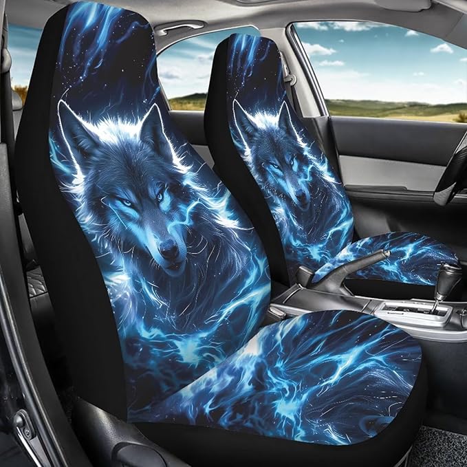 KEIAHUAN Blue Wolf Print Car Seat Covers for Men Automotive Front and Rear Split Bench Seat Cover Set Washable Breathable Universal Fits Most Vehicle Truck,SUV