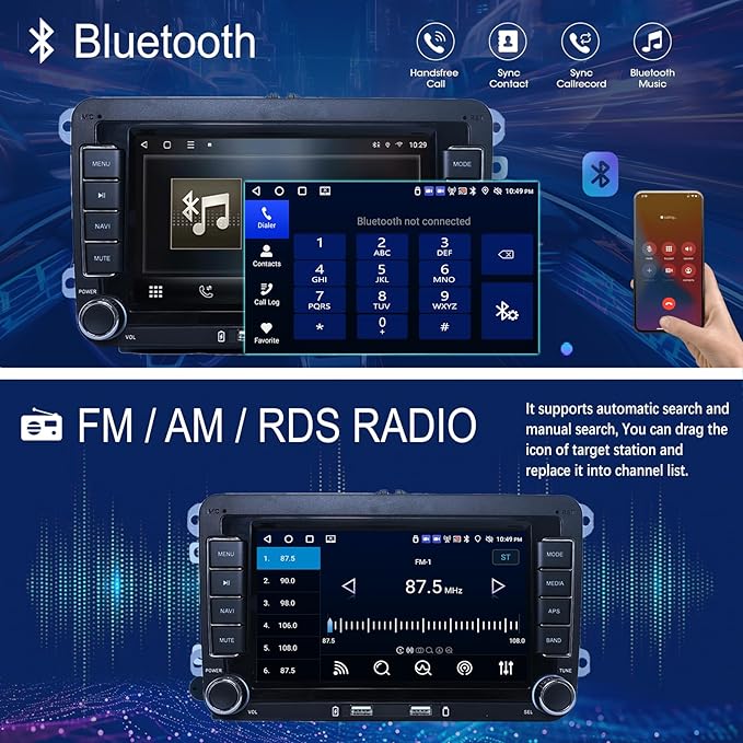4G+64G Android13 7 Inch IPS Screen Wireless Apple CarPlay Android Auto Car Stereo for VW Jetta Seat Passat Tiguan CC Golf Skoda Radio with FM AM RDS BT GPS WiFi SWC Backup Camera MIC
