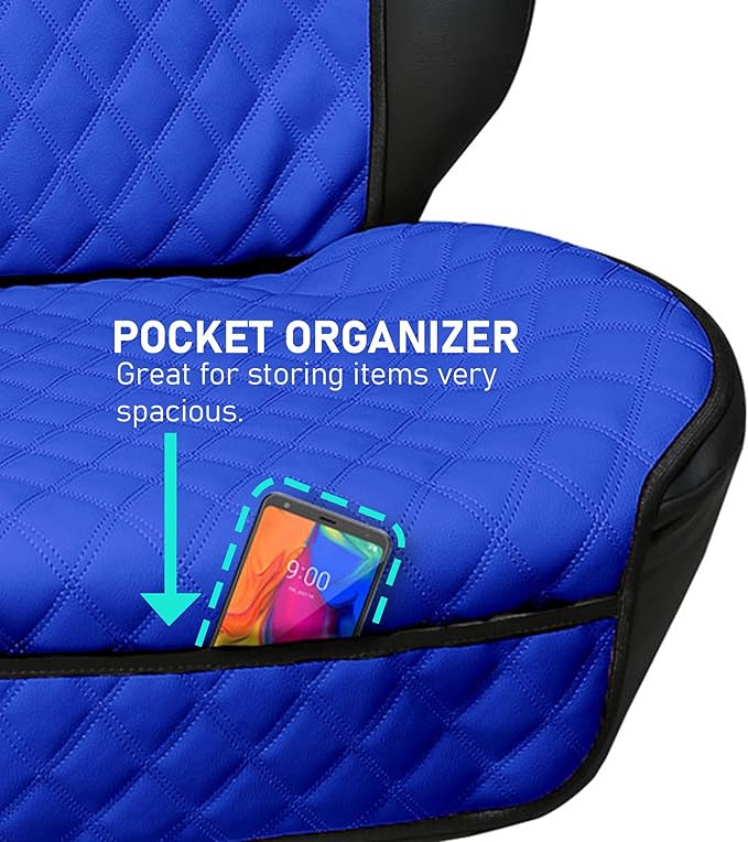 FH Group Car Seat Cushion – Faux Leather Single Front Seat Cover with Front Pockets, Airbag Compatible, Universal Fit Car Seat Cushion for Driver or Passenger Seat, SUV, Truck, Sedan & Van – Blue