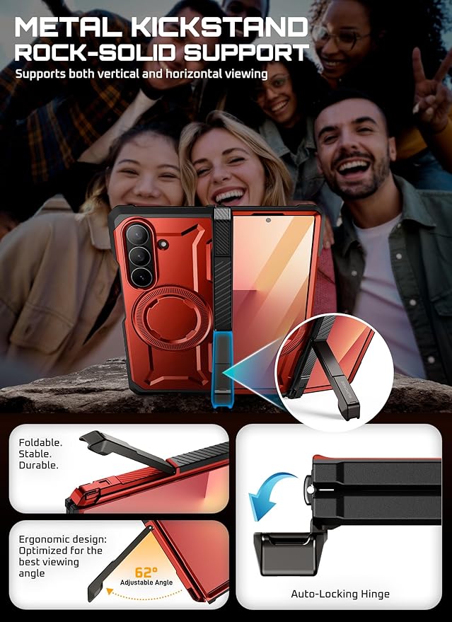 SUPCASE for Samsung Galaxy Z Fold 7 Case with Kickstand (UB Grip), [Compatible with MagSafe] [Built-in Tempered Glass Screen Protector] [Hinge Coverage] Military-Grade Protection Phone Case (Ruddy)