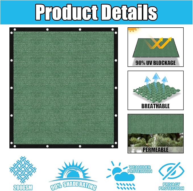 Amagenix 90% Pergola Shade Cover 12' X 18' Sun Shade Cloth with Grommets for Outdoor Garden Patio Porch, Commercial Grade 200 GSM - Cable Zip Ties Included (We Customized) GN108, Green
