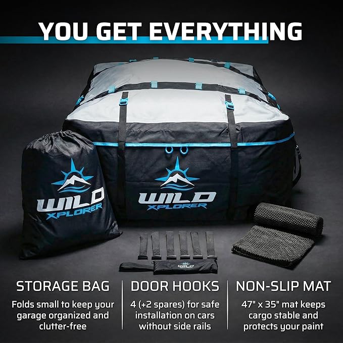 Rooftop Cargo Carrier - 15 Cubic Feet (L), Waterproof Soft Shell Car Roof Cargo Carrier, Heavy Duty Car Top Luggage Cargo Bag with Patented Door Hooks and Non-Slip Mat