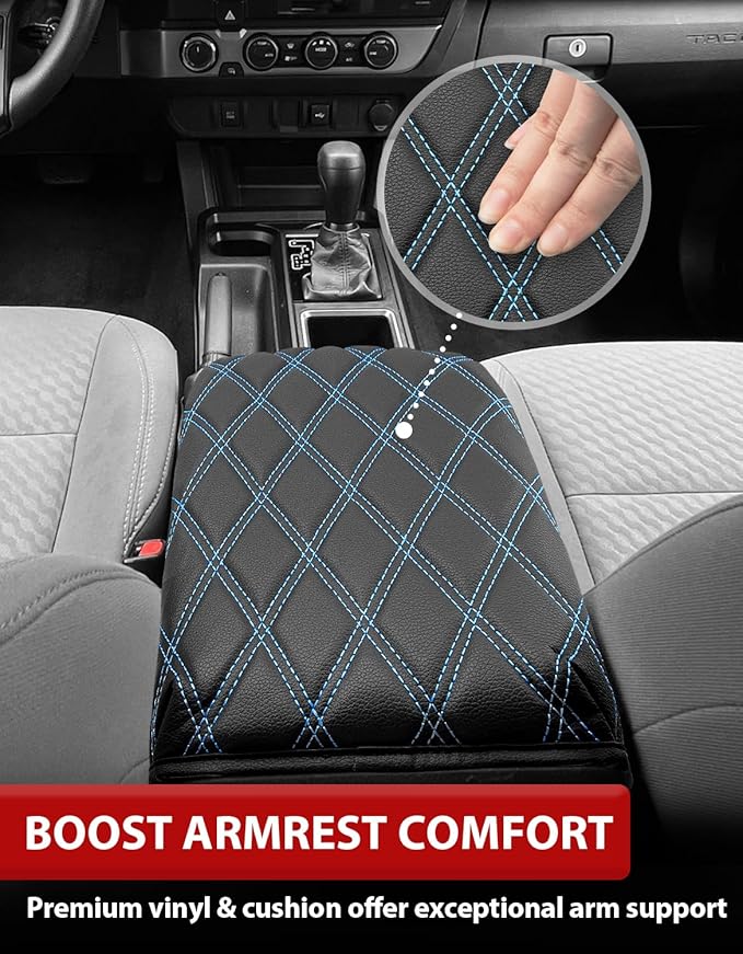 Center Console Armrest Cover for Toyota Tacoma 2016-2023, Middle Console Cushion Pad, Arm Rest Lid Covering, Vinyl Leather Interior Accessories, Black-Blue Stitches