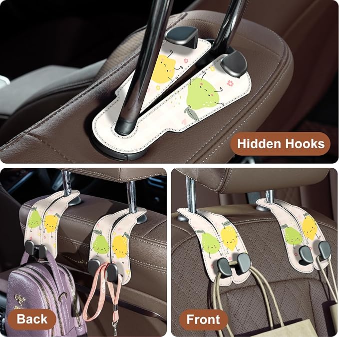 CoBak Purse Hook for Car - Universal Premium Stitched Leather and Aluminum-Magnesium Alloy Double Car Seat Back Storage Hook for Purses, Handbags, Bags (2 Pack),Fruit Play
