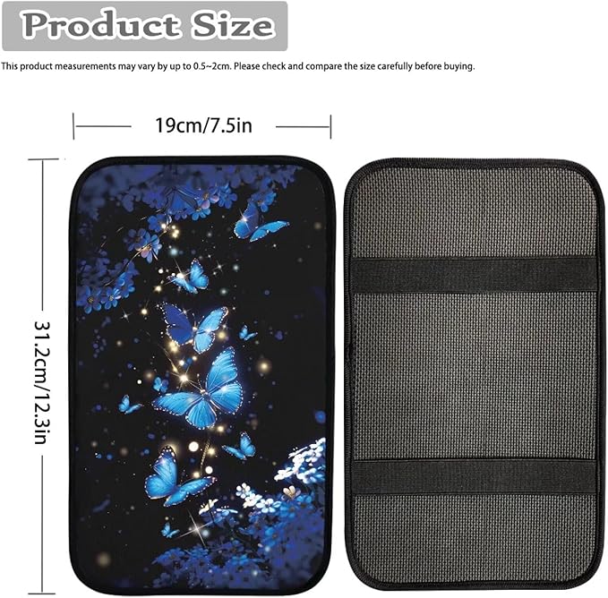 Dreaweet Car Armrest Cover Blue Butterfly Car Accessories Center Console Cover with Pockets,Soft Arm Rest Cover for Car SUV Truck Sedan Van