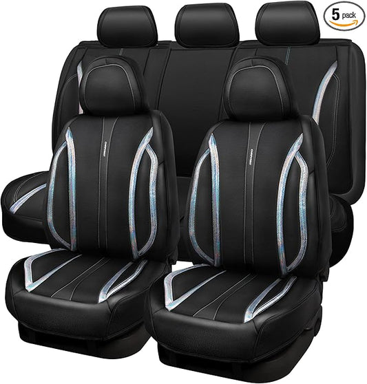 CAR PASS Nappa Leather Seat Covers, Waterproof Durable Universal fit for Women Girly SUV Truck,Anti-Slip Driver Seat Cover with Backrest, full set 5 Holographic Black Silver strips Iridescent colorful