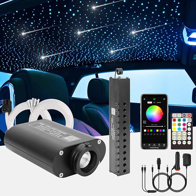 CHINLY Meteor 16W 550pcs 0.03in 13.1ft Car Use Bluetooth RGBW LED Fiber Optic APP/Remote Music Mode Headliner Light Kit+ Shooting Star kit +Adapter+Cigarette Lighter(Non-Twinkle)