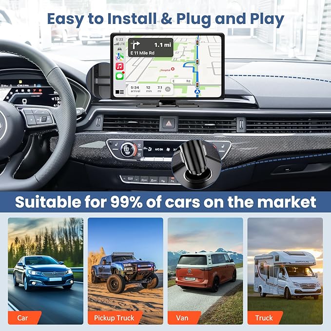 Largest 11.3" Portable Apple Carplay Screen, Wireless Car Play & Android Auto Touch Screen, Car Stereo with App View/4K Dash Cam/Backup Camera/Mirror Link/Voice Control/Music Play/GPS/Bluetooth/FM