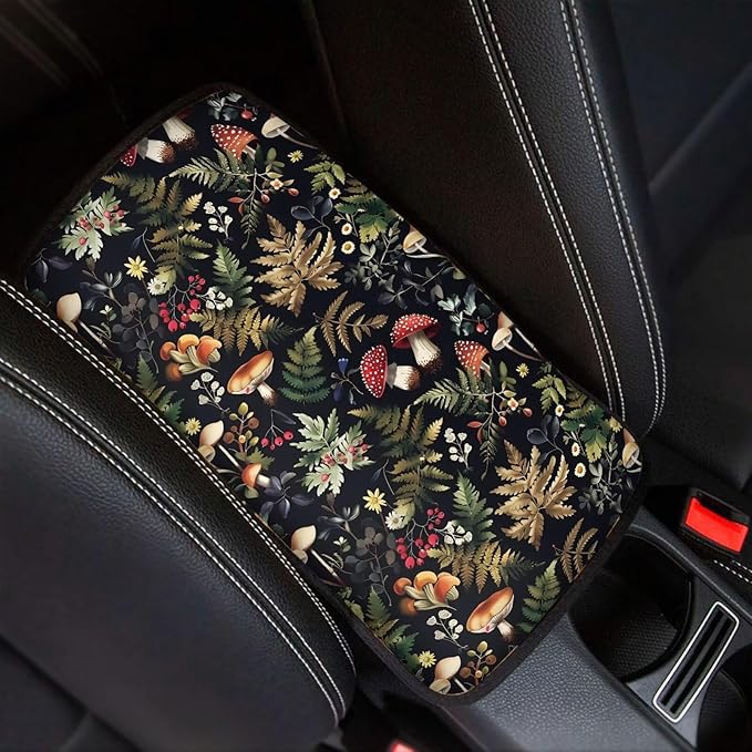 Dreaweet Car Armrest Cover Pad Black Center Console Cover Replacement for Car SUV Truck Sedan,Cute Mushroom Car Accessories for Women Girly