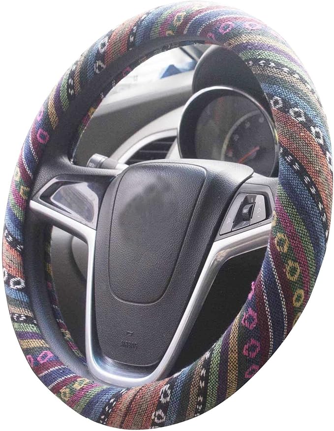 Ethnic Style Coarse Flax Cloth Automotive Steering Wheel Cover Anti Slip and Sweat Absorption Auto Car Wrap Cover (C, 15.25''-16'')