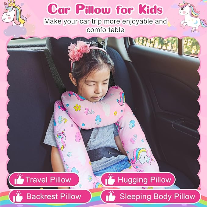 Chunful H-Shape Car Seat Pillow for Kids Car Travel Pillow for Kid Children Vehicle Sleeping Head Support Back Seat Adjustable Head Neck and Shoulder Support for Long Trips Sleeping (Unicorn)