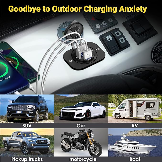 Qidoe 12 Volt USB Outlet 12V Outlet USB Car Port Aluminum 30W PPS PD 3.0 Motorcycle Car Charger Waterproof Dual QC3.0 Socket with Switch 12V/ 24V Vehicle Marine Boat RV Accessories