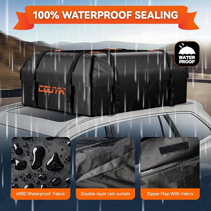Car Roof Bag Rooftop Cargo Carrier Bag Waterproof 15 Cubic feet,Roof Rack for car Includes Anti-Slip Mat, 4 Door Hooks, Waterproof Zipper Buckle for All Cars with/Without Rack
