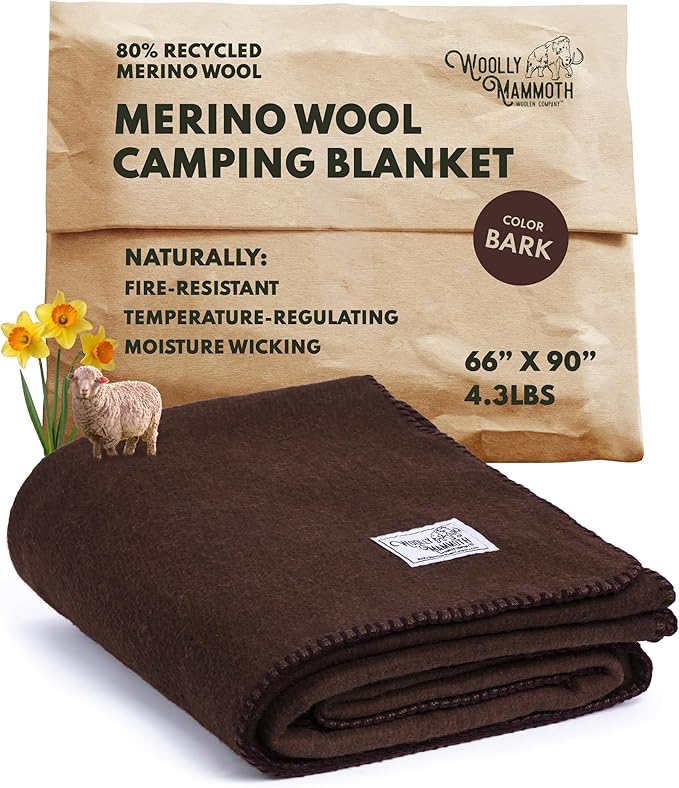 Woolly Mammoth Woolen Company Merino Wool Blanket - 80% Merino Wool - Camping Blankets for Cold Weather - Mositure-Wicking for Overlanding, Hunting, Emergency Kits, Bushcraft (66" x 90" Bark)
