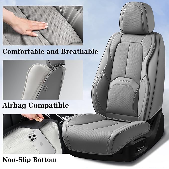 Coverado Car Seat Covers Full Set, Premium Nappa Leather Seat Covers for Car, Waterproof Car Seat Protector with Lumbar Support, Automotive Seat Covers Universal Fit for Most Cars SUV Truck(Gray)