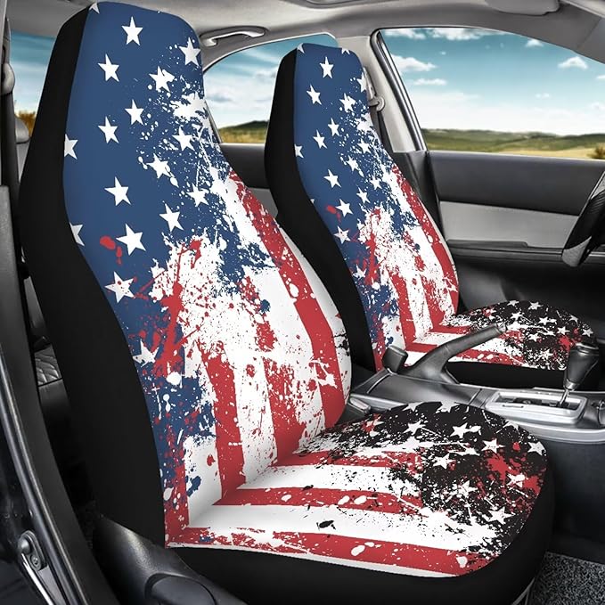 Car Seat Covers Set Front Seats Only 2 Pack Universal Fit Most Truck SUV Vans Auto Accessories Interior Cushion Protector（Creative American Flag Print 2）