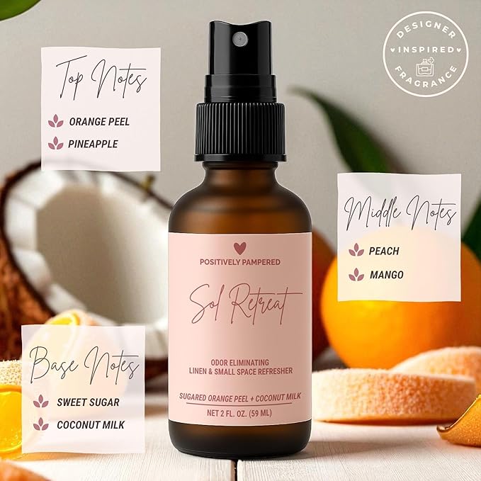 Sol Retreat Luxury Small Space Air & Linen Freshener Spray - Sugared Mango + Coconut Milk - Artisan Blended Home Fragrance - Non Toxic Room Spray + Odor Eliminator - 2 oz Travel Size