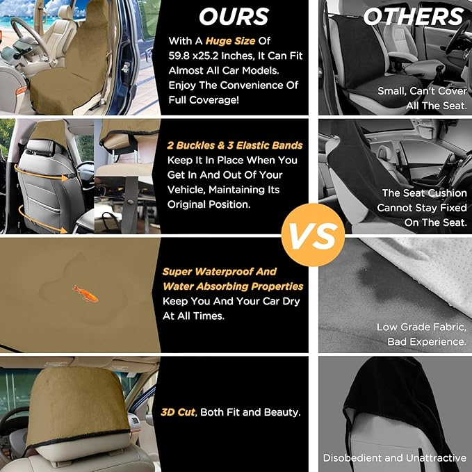 Waterproof Seat Cover Towel, Premium Sweat Carseat Protector, Perfect for Universal Anti-Slip Car Truck SUV Seat, Great for Surfing Yoga Gym Workout, Brown