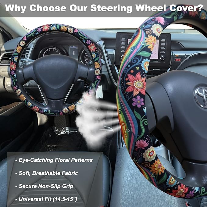 Rainbow Flowers Floral Steering Wheel Cover for 14.5-15 Inch Wheels, Premium Fabric with Non-Slip Rubber Inner Ring (Rainbow)