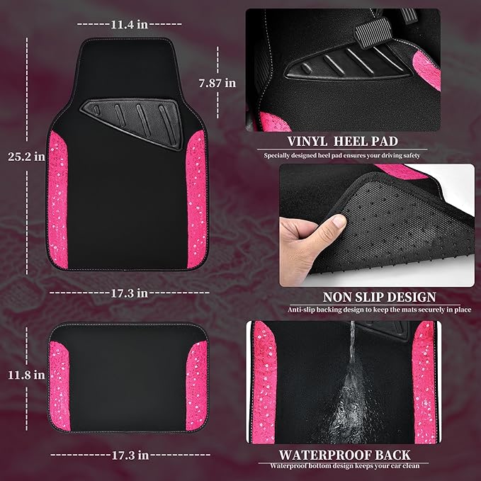 CAR PASS Universal Leather Pink Lace Car Seat Covers Full Set for Women Girls, Waterproof Car Floor Mats Carpet, Steering Wheel Cover for Car Accessories Interior Sets 10PCS Included