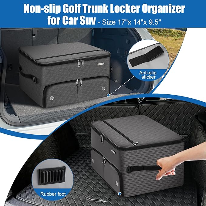 Golf Trunk Organizer for Car SUV with Shoe Compartment & Divider | 2-Layer Golf Storage Bag for Balls, Tees, Accessories | Waterproof Golf Locker Gift for Men, Dad, Golfers