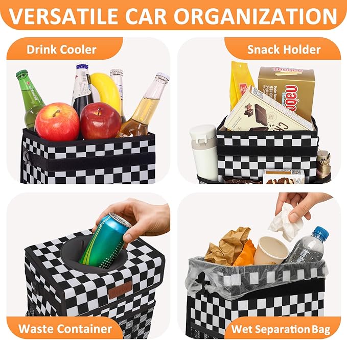 Car Trash Can Bin with Lid Hanging for Back Seat, Car Accessories for Women Men Leak Proof Automotive Garbage Cans Leakproof Vehicle Trash Can for Truck SUV,Black White Checkered