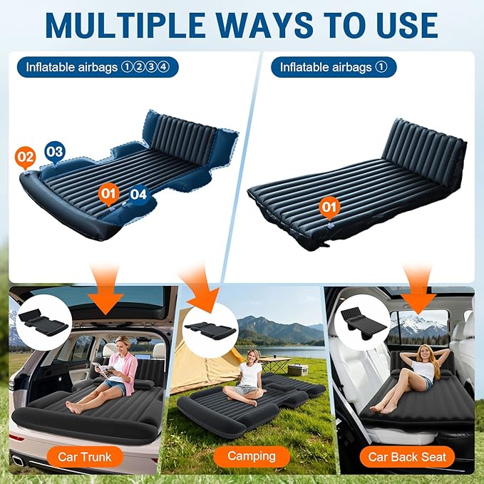 SUV Air Mattress - Thickened Car Air Mattress with Electric Pump, Portable Inflatable Car Bed with 2 Pillows, Camping Mattress Back Seat for SUV Trunk, Travel, Home (Black)