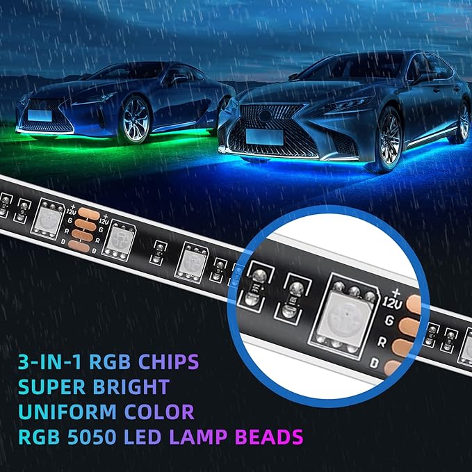 4 Pcs RGB Underglow LED Lights for Cars Truck SUV Golf Cart UTV ATV, 12V Waterproof Multicolor Underbody Neon Accent Strip Lights Kit with APP/RF Remote Control, Music Sync, Brake Lights