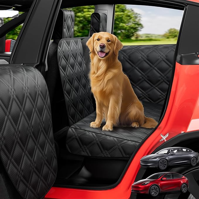 Dog Car Seat Cover for Back Seat Compatible with Tesla Model Y — Hard Bottom Pet Travel Hammock with Seat Extender, Waterproof Backseat Dog Cover with Door & Headrest Protectors
