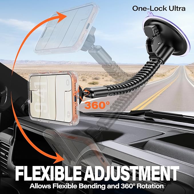 A2C One-Lock Ultra Off-Road Truck Phone Mount, Magnetic Alignment with Automatic Dual-Latch Locking System, One-Hand Quick Release, 4.33" Heavy-Duty Vacuum Suction Cup, Anti-Shake Double-Rib Metal Arm