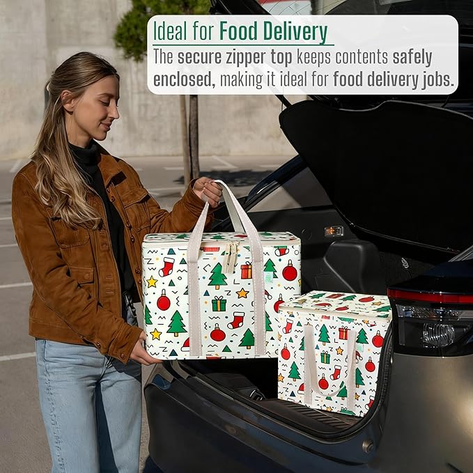 VENO 2 Pack Cooler Bag, Insulated Grocery Bags for Food Delivery, Collapsible Cooler, Reusable Shopping Bags for Groceries, Hard Bottom, Water Resistant, Zippered, Foldable (Jingle Mix, 2 Pack)