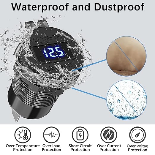 Aluminum Alloy USB C Car Charger Socket,12V USB C Outlet, PD 36W and Quick Charge 3.0 18W Dual Port Waterproof Power Adapter with Voltmeter and Switch for Marine Truck Motorcycle Boat Golf cart RV