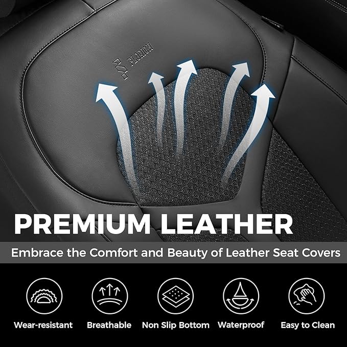FLORICH Car Seat Covers Full Set, Universal Seat Cover 5 Seats, Automotive Seat Covers with Mesh Leather, Waterproof Car Seat Protector, Breathable Car Seat Cushion for Most Car SUV Truck, Black