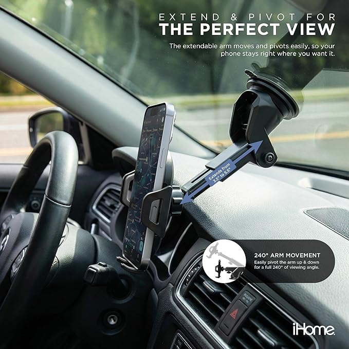 iHome Car Mount, Dashboard/Windshield/Vent Mount, Swivel Neck, Silicone Grip, Adjustable Mount Arm with Suction Cup Base (Extendable Car Mount)