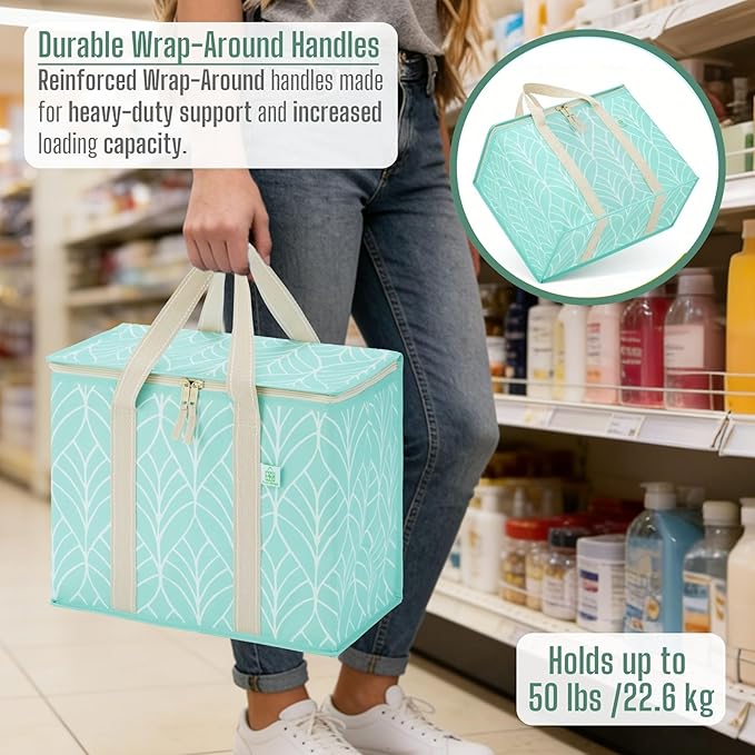 VENO 2 Pack Cooler Bag, Insulated Grocery Bags for Food Delivery, Collapsible Cooler, Reusable Shopping Bags for Groceries, Hard Bottom, Zippered, Foldable (Evergreen, 2 Pack)
