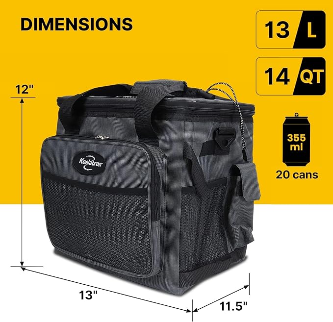 Koolatron Electric Portable Cooler Plug in 12V Car Cooler Bag, 14 qt (13 L) Black/Gray Soft-Sided No Ice Thermo Electric Portable Fridge for Camping, Adjustable Shoulder StrapTravel Road Trips.