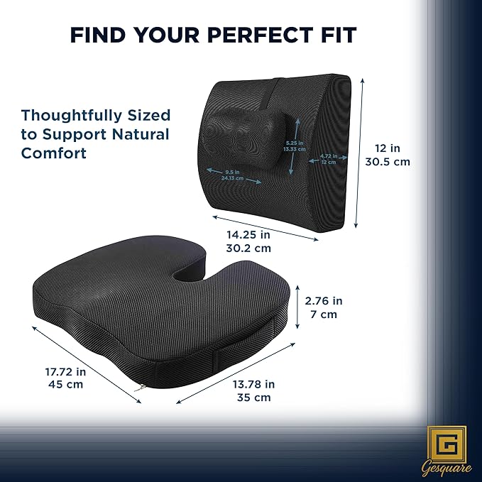 GESQUARE 3-Piece Memory Foam Seat Cushion & Lumbar Support Pillows Set – Adjustable Back Support for Office, Car & Gaming Chairs – Tailbone & Coccyx Comfort for Long Sitting.