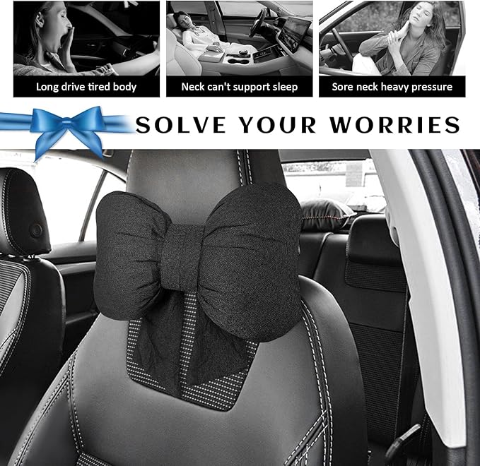 Sun Walker Bow Car Headrest Pillow, Breathable Bow-Shaped Vehicle Neck Pillow with Adjustable Strap, Ergonomic Neck Support Cushion Driving Seat Decoration for Women Girls (Black)